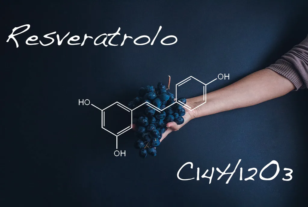 Formula chimica del resveratrolo e grappolo di uva
